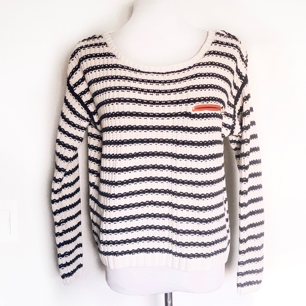 TOMMY HILFIGER CHUNKY KNIT Striped Cotton Boxy Sweater White Navy Size M…